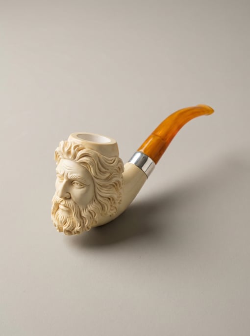 Carved meerschaum pipe bowl in white mineral with a sculpted bearded face design, amber stem