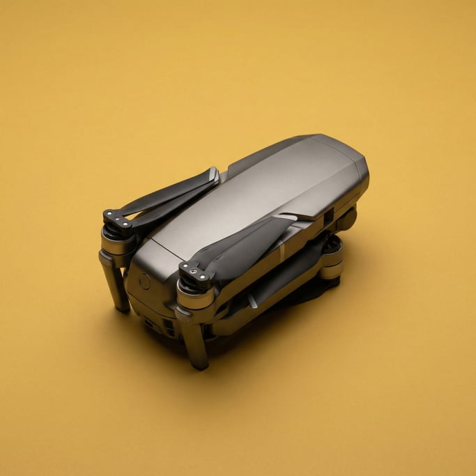 Compact foldable drone in gunmetal grey, propellers neatly tucked