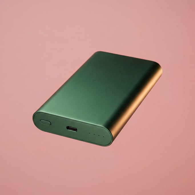Portable power bank in forest green anodized aluminum, USB-C port visible
