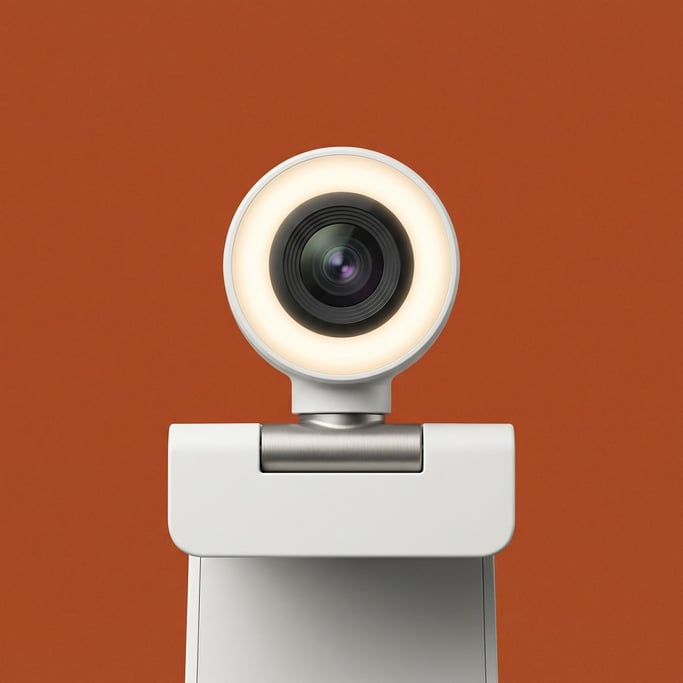 Minimalist 4K webcam in pearl white with an adjustable titanium hinge, soft studio fill light