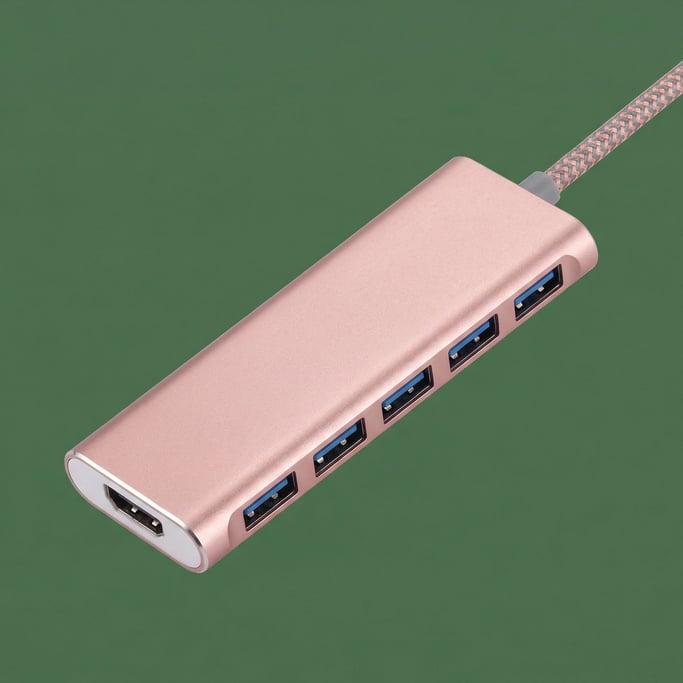Seven-port USB hub in matte rose gold with braided cable