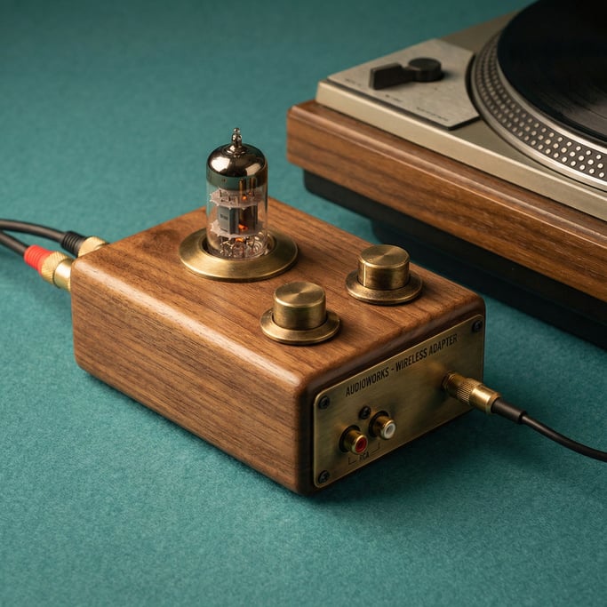 Retro-styled Bluetooth turntable adapter in walnut wood and brass, warm studio light from the left