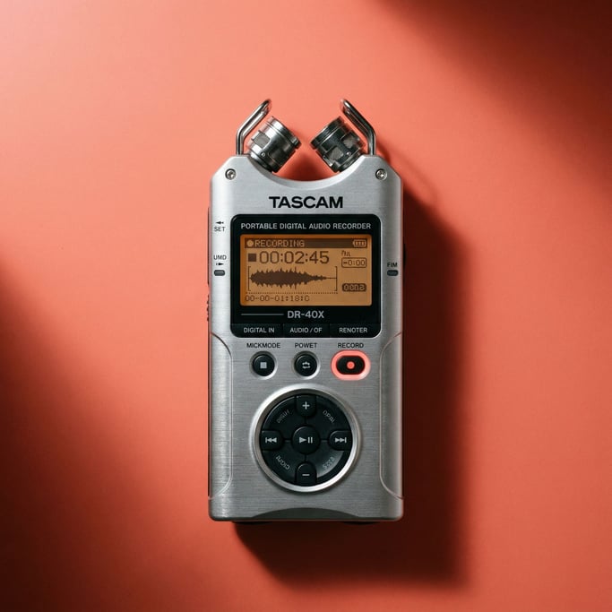 Portable digital audio recorder with brushed aluminum body and red record button