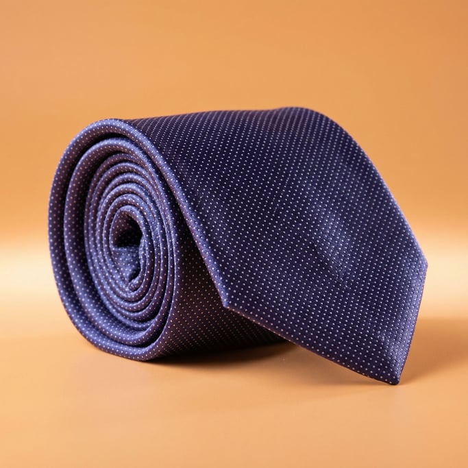 Silk necktie in deep indigo with a micro-dot pattern, loosely rolled