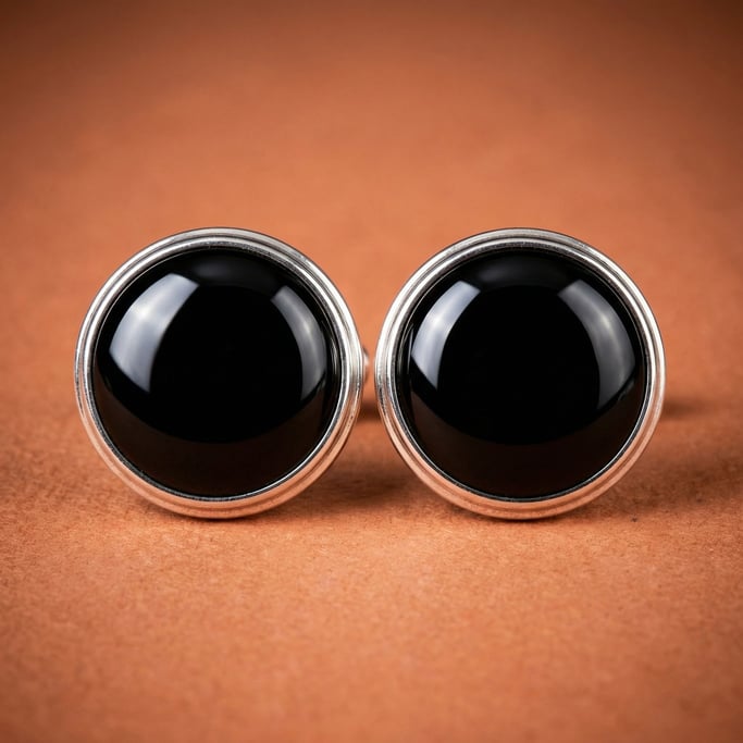 Pair of polished onyx cufflinks with silver bezels, close-up studio shot with specular highlights
