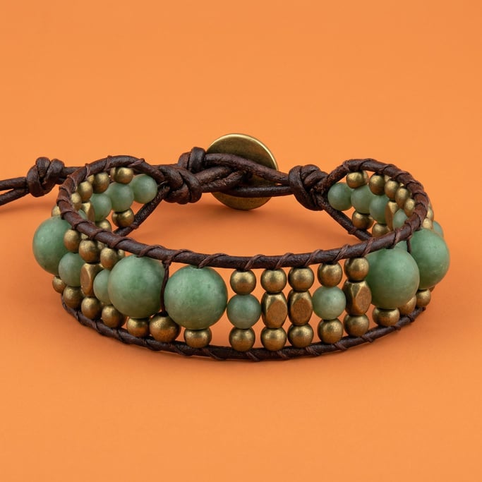 Beaded wrap bracelet with matte jade and brass beads on leather cord