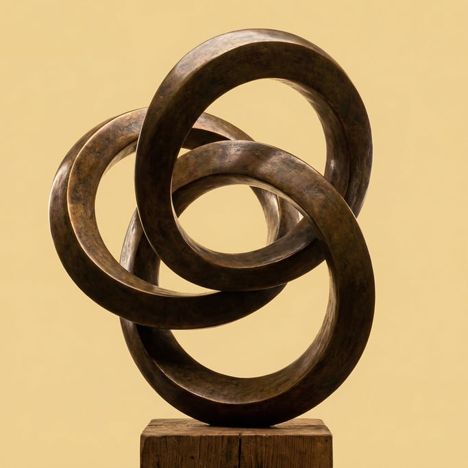 Abstract bronze sculpture of intertwining loops on a wooden base, rim light defining its curves