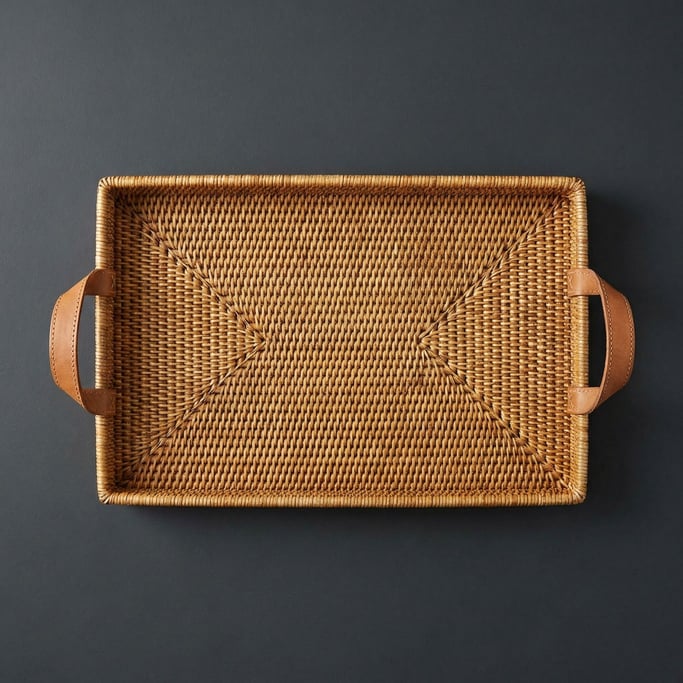 Woven rattan table tray with leather handles in natural honey tone, overhead diffused lighting