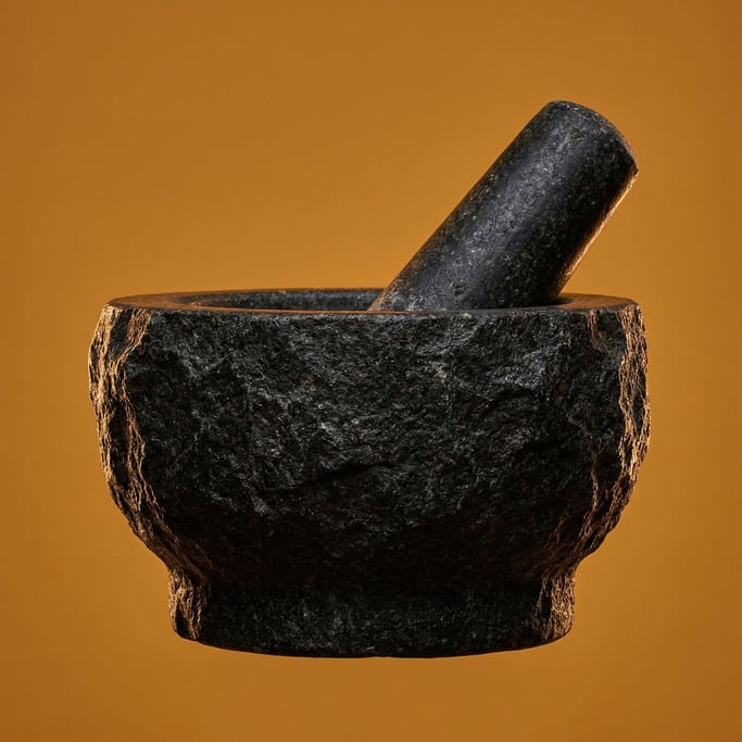 Granite mortar and pestle in dark charcoal with a rough-hewn exterior