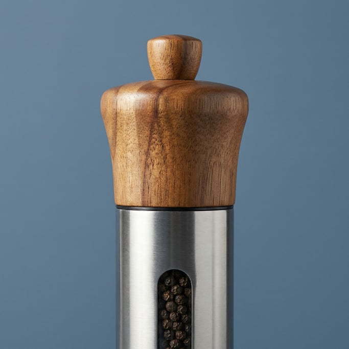 Stainless steel pepper grinder with an acacia wood top section, two-point studio lighting