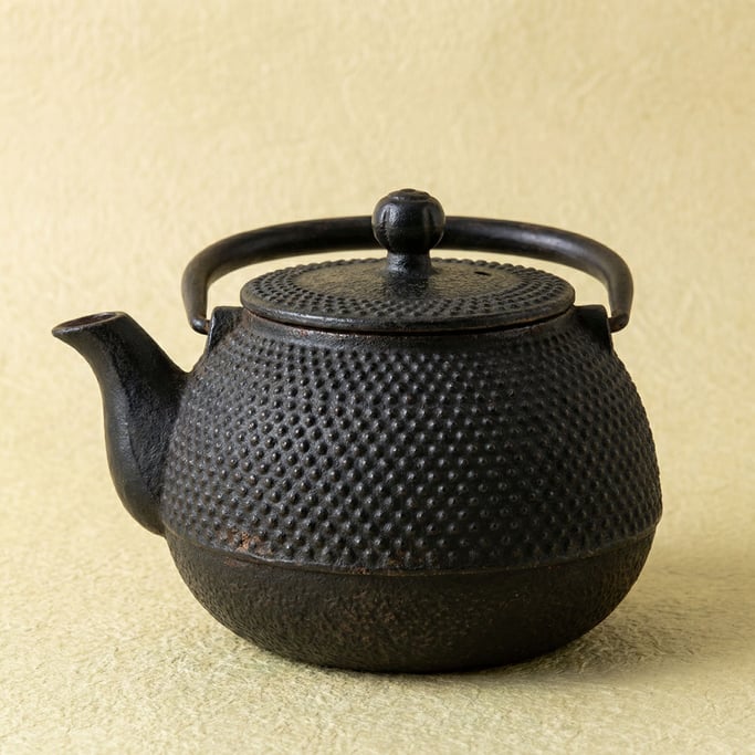 Japanese cast iron teapot in midnight black with a hobnail texture pattern, soft overhead light