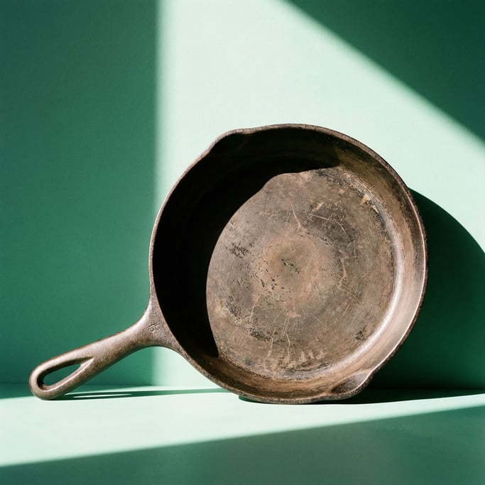 Heavy cast iron skillet with a long handle showing natural patina