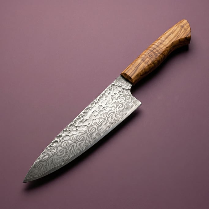 Hand-forged chef knife with a Damascus steel blade and olive wood handle