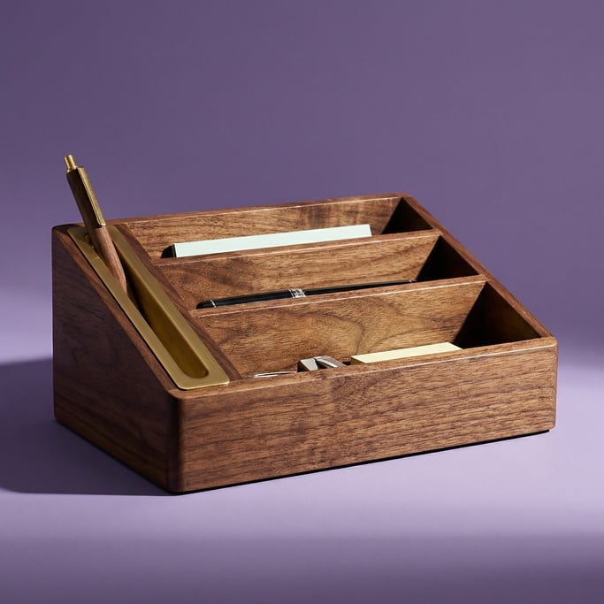 Walnut desk organizer with three compartments and a brass pen slot