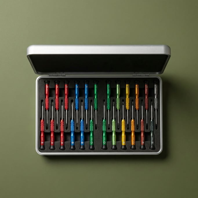 Precision screwdriver set in a compact aluminum case, opened to reveal color-coded tips