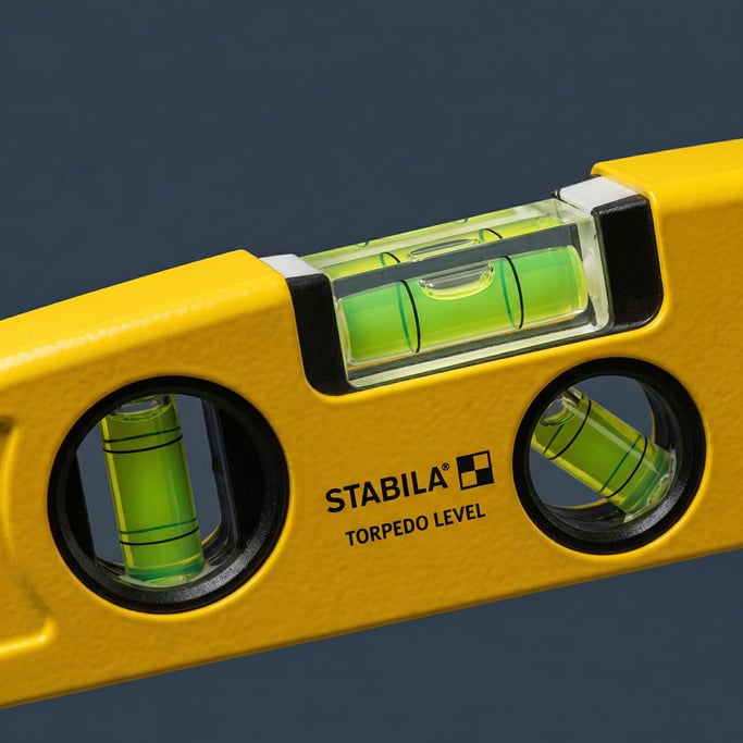 Torpedo spirit level in bright yellow with green bubble vials, crisp studio lighting from above