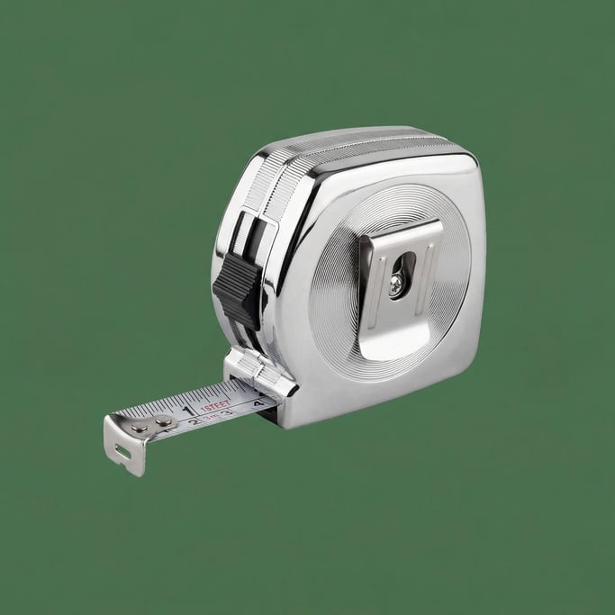 Retractable steel measuring tape in a chrome housing with a belt clip, two-point lighting