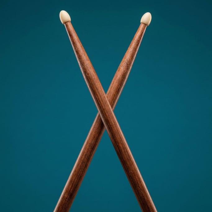 Pair of rosewood drumsticks with rounded nylon tips, crossed elegantly