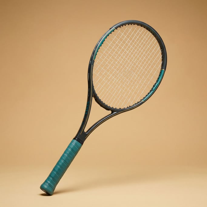 Professional tennis racket with white strings and a teal grip, slight three-quarter angle