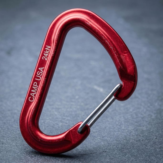 Aluminum climbing carabiner in anodized red with a wire gate