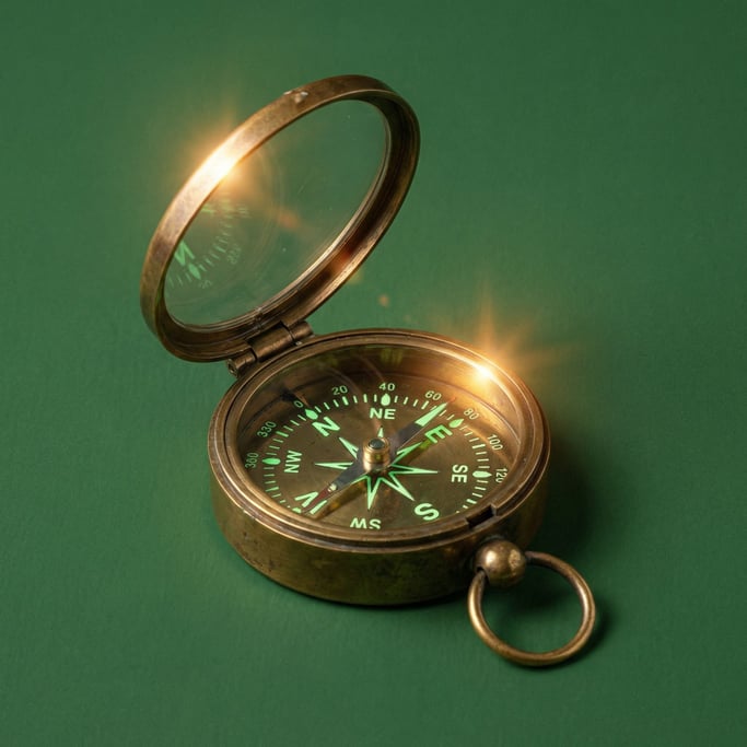 Brass orienteering compass with a hinged glass lid and luminous dial