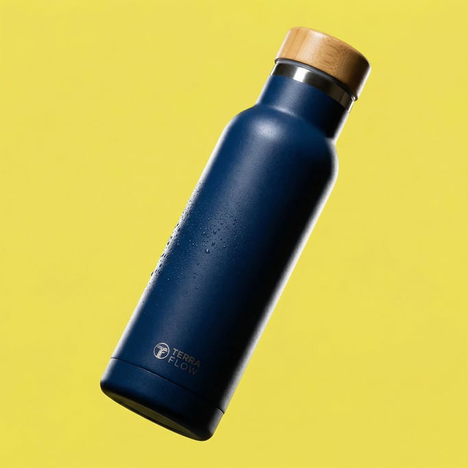 Insulated stainless steel water bottle in matte midnight with a bamboo cap
