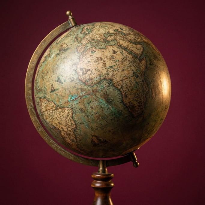 Antique brass desktop globe with a patinated surface and wooden stand, warm studio lighting