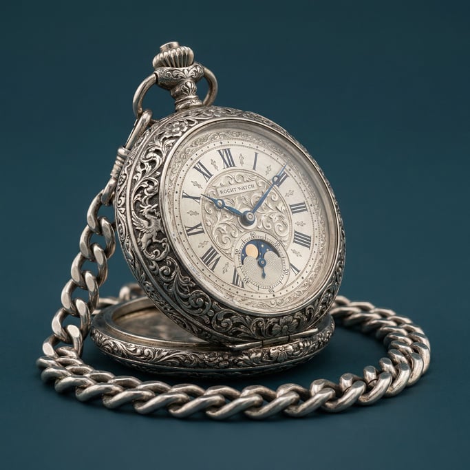 Ornate silver pocket watch on a curb chain, face open revealing Roman numerals