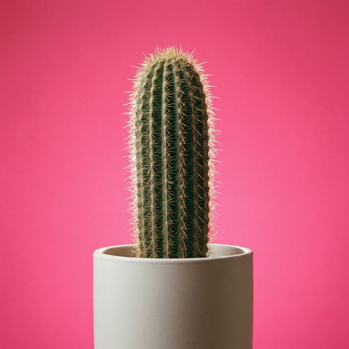 Tall columnar cactus in a matte white ceramic pot, spines catching rim light