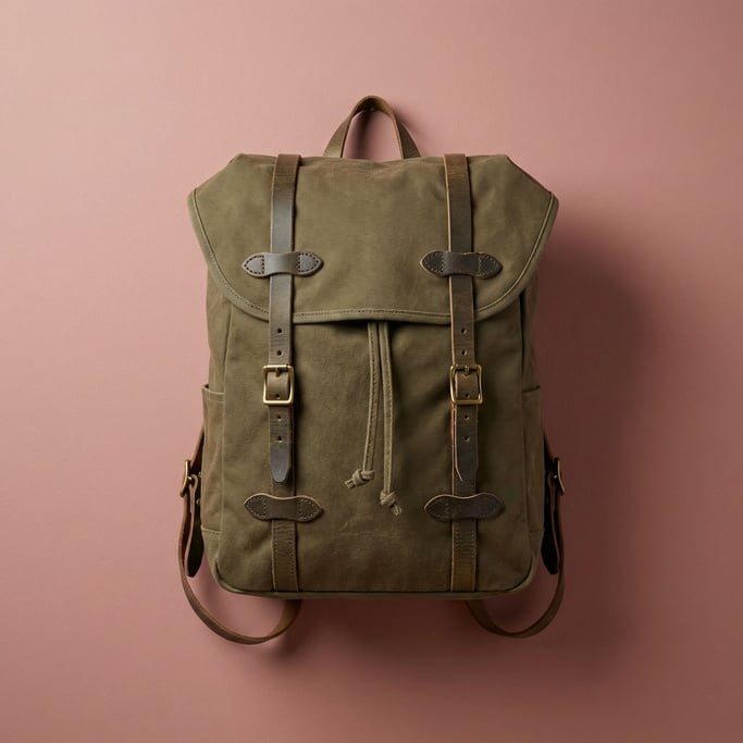 Heritage canvas backpack in olive drab with leather straps and brass buckles