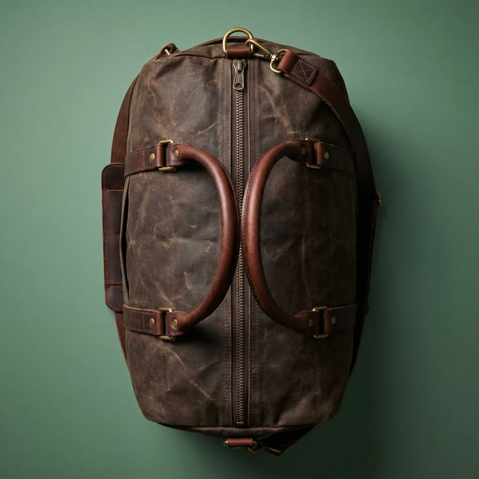 Waxed canvas duffel bag in dark brown with rolled leather handles, overhead studio light