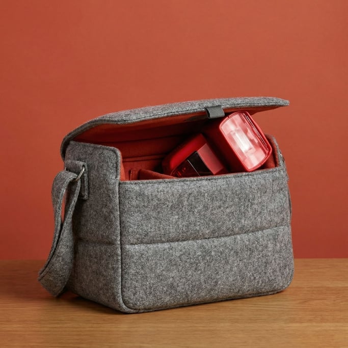 Padded camera bag in heathered grey with a red interior flash visible through the open flap