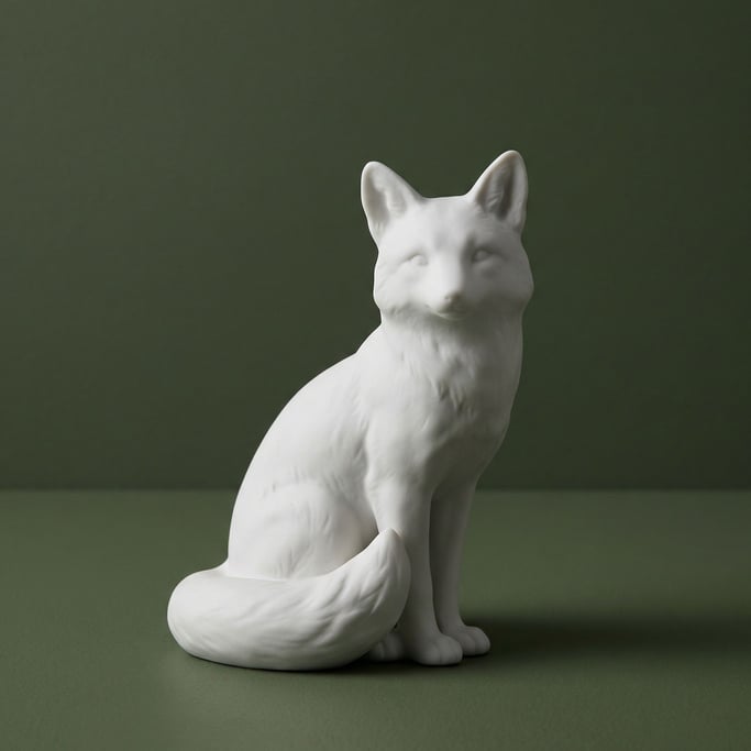 Porcelain figurine of a sitting fox in matte white, delicate studio lighting with subtle shadow