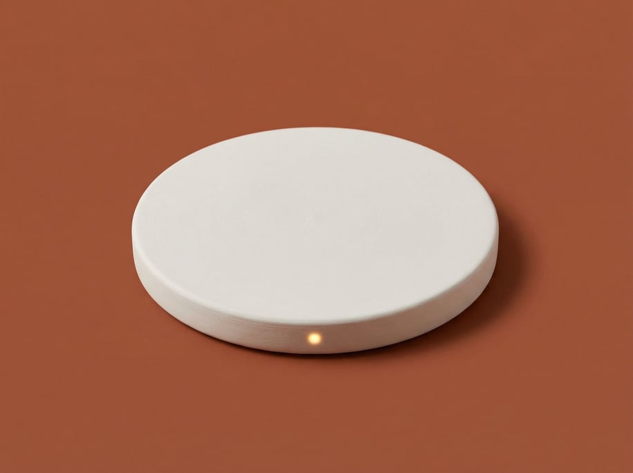 Flat wireless charging pad in matte white ceramic, LED indicator glowing softly