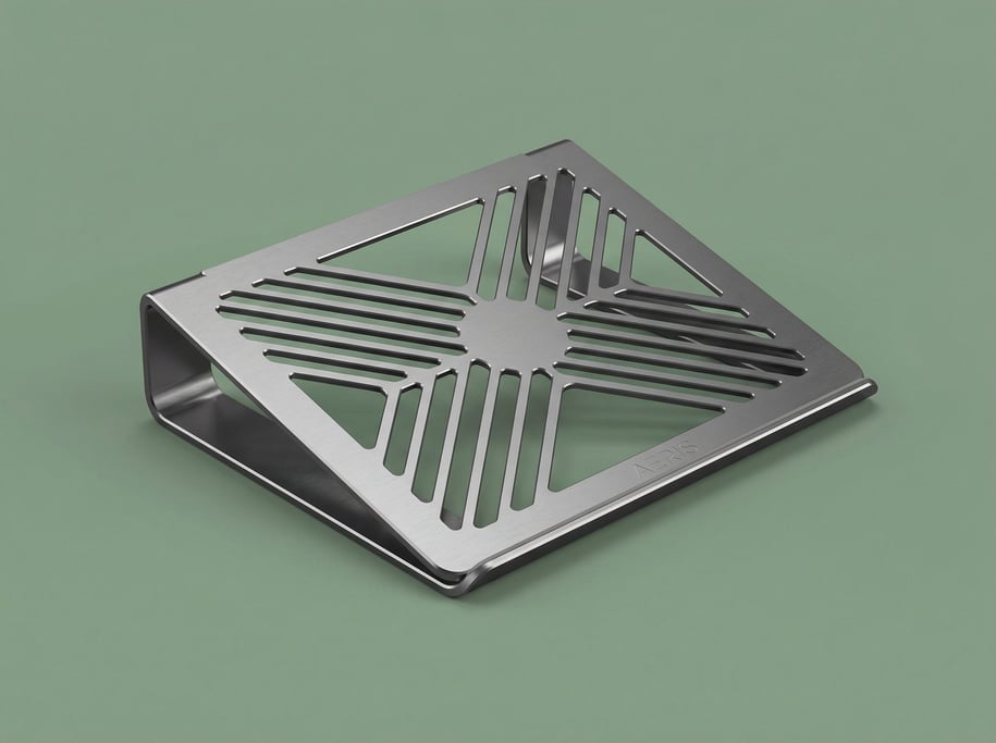 Ultra-thin laptop stand in space grey aluminum with ventilation cutouts