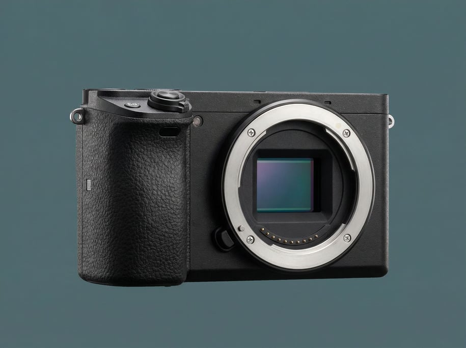 Compact mirrorless camera body in matte black with a textured grip
