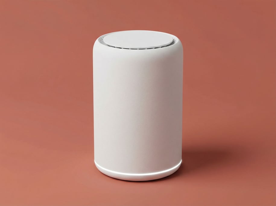 Mesh Wi-Fi router in matte white with a cylindrical form, soft overhead studio light