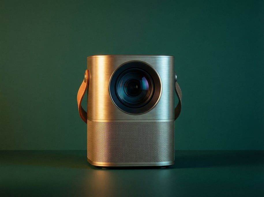 Portable Bluetooth projector in brushed gold with a single large lens, two-point lighting