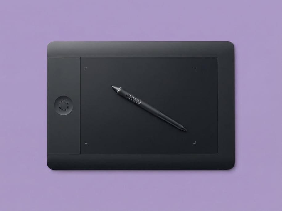Digital drawing tablet in sleek black with a slim stylus resting on top, soft studio fill light