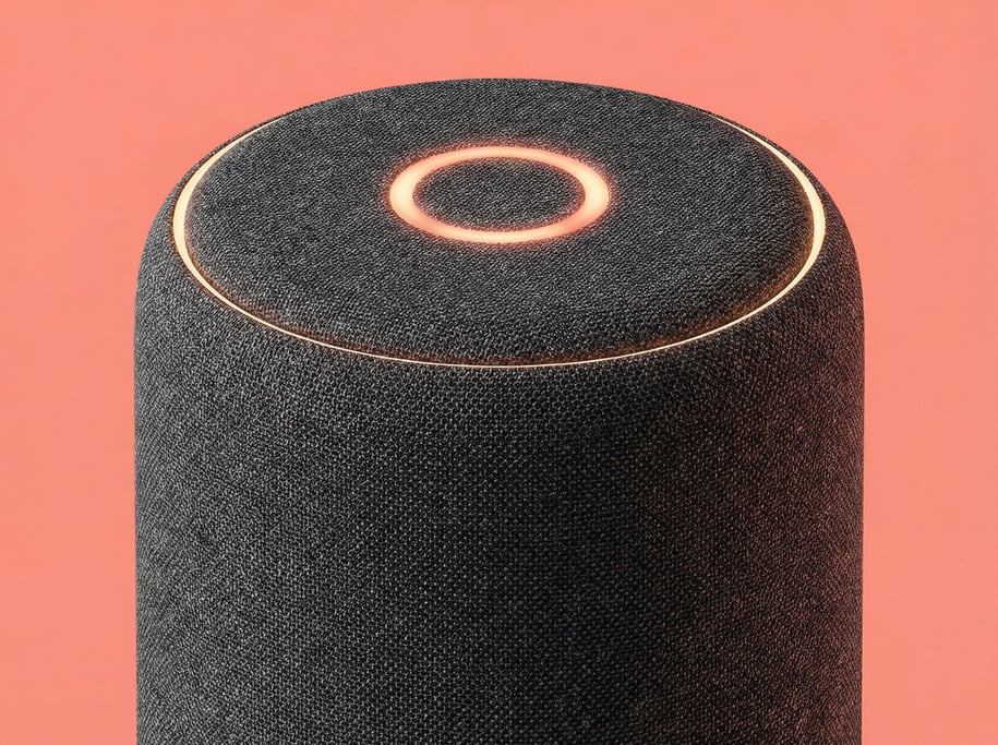 Smart home hub speaker in fabric-wrapped charcoal with a glowing ring on top