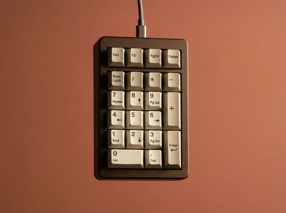 Mechanical number pad in anodized aluminum with cherry profile keycaps, side studio lighting