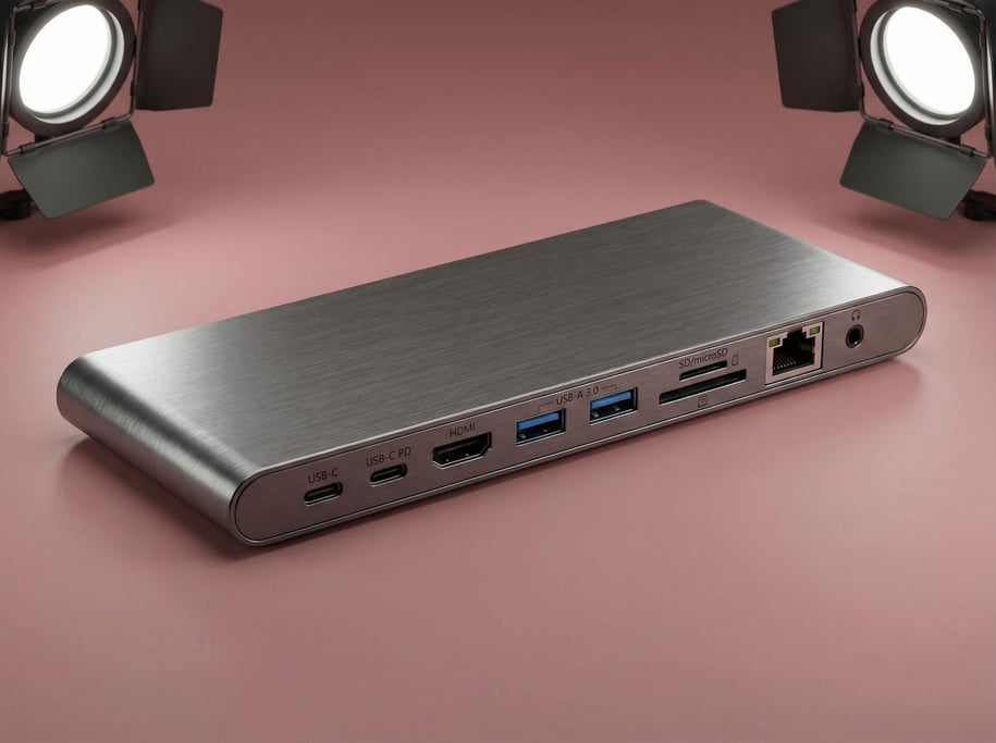 USB-C docking station in gunmetal with multiple ports visible along the edge