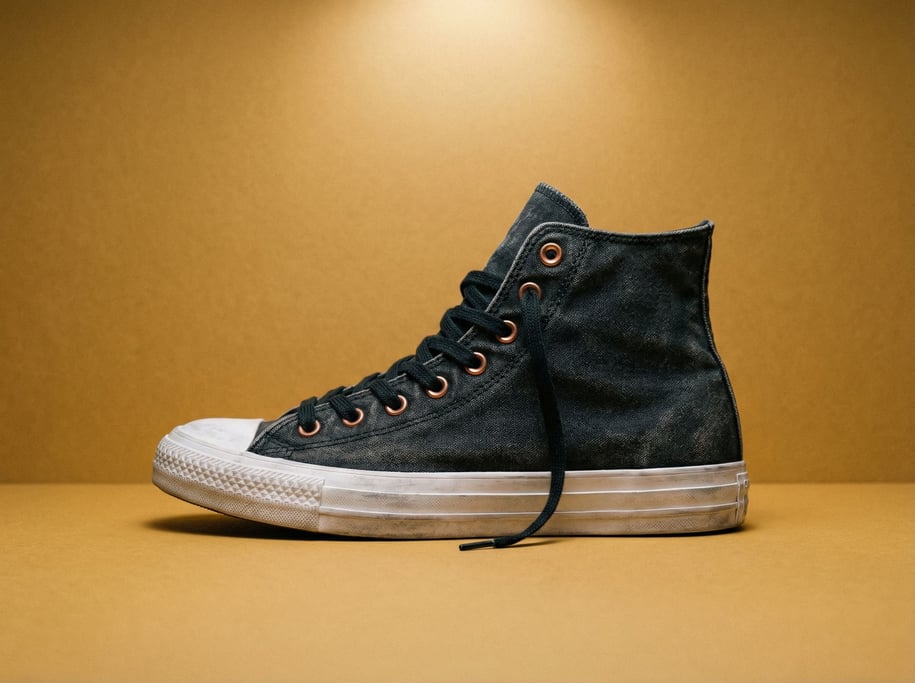 Canvas high-top sneaker in washed black with white vulcanized sole and copper eyelets