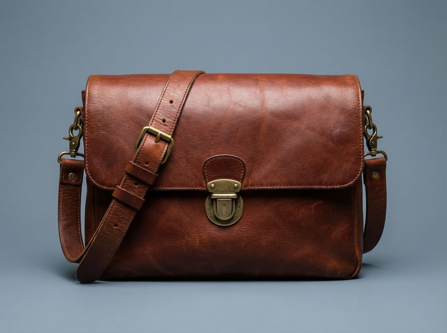 Leather messenger bag in rich chestnut with a brass latch and adjustable strap