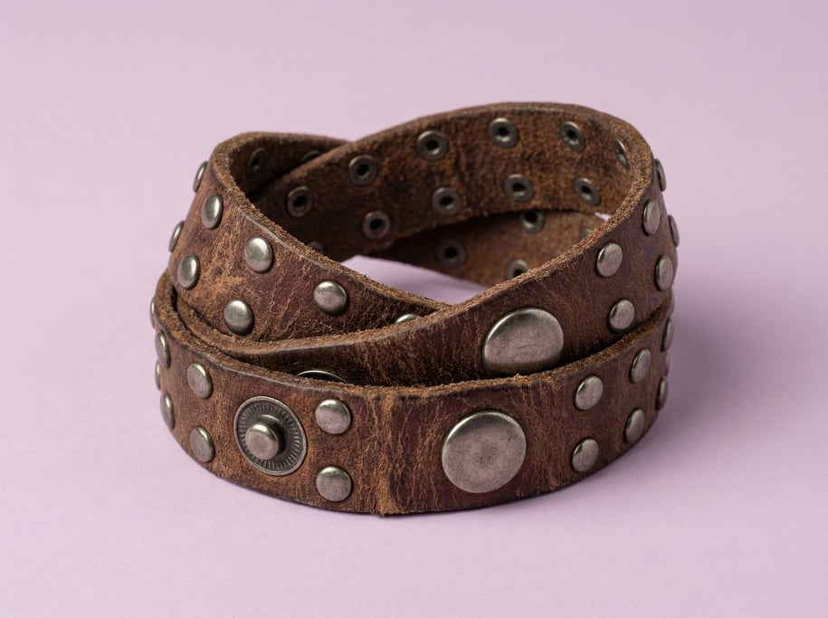 Studded leather wrap bracelet in distressed brown with antique silver snaps