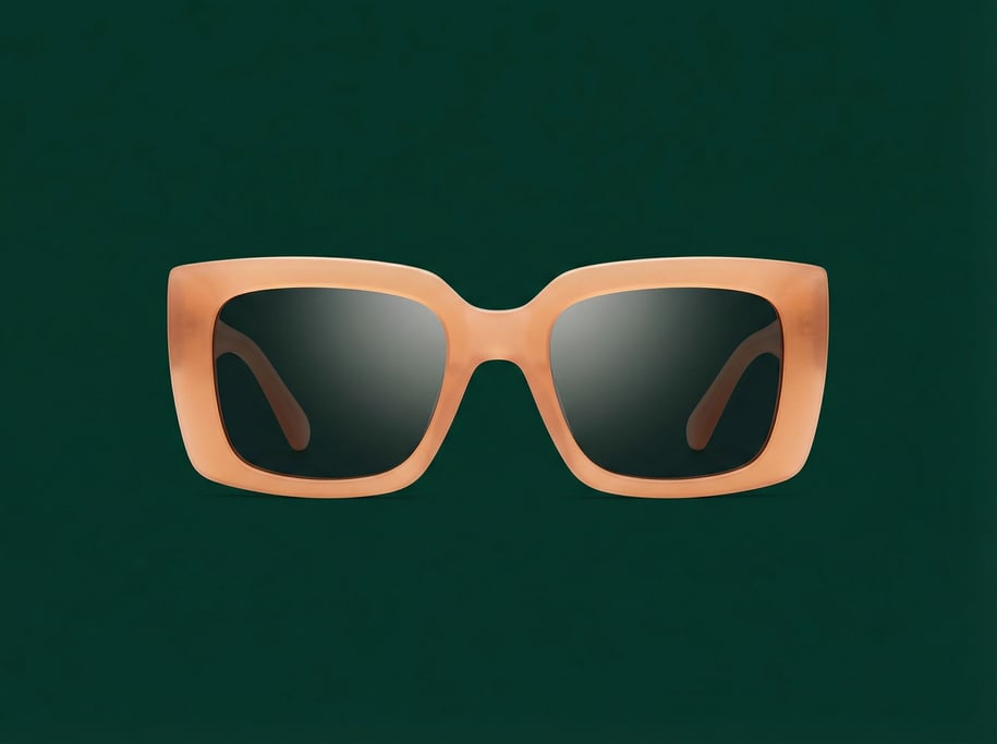 Oversized rectangular sunglasses in opaque matte peach, studio light catching the acetate surface