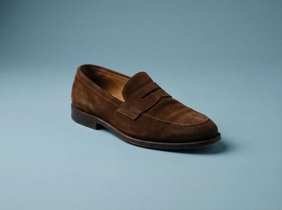 Suede loafer in rich tobacco brown with a leather sole and penny strap
