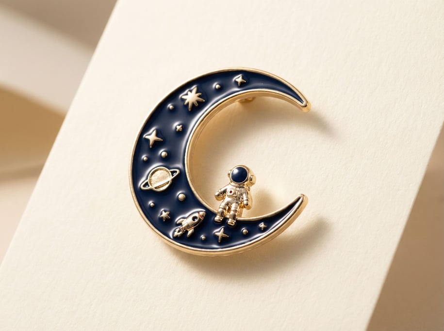 Enamel pin collection brooch of a crescent moon in navy and gold, macro studio lighting
