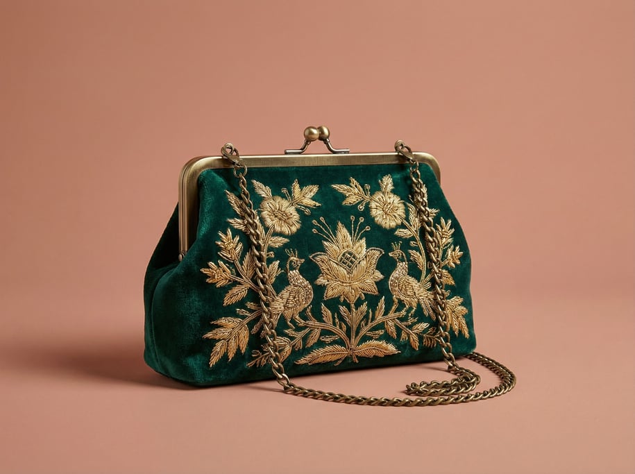 Embroidered velvet clutch purse in deep jewel green with gold thread accents