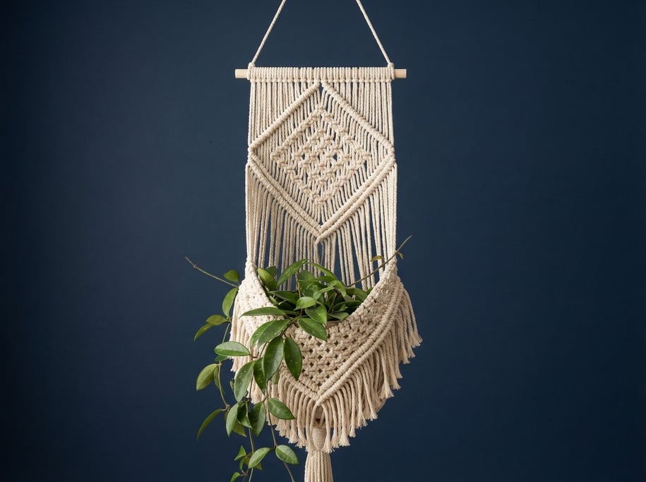 Hanging macrame planter in natural cotton rope with a geometric diamond pattern